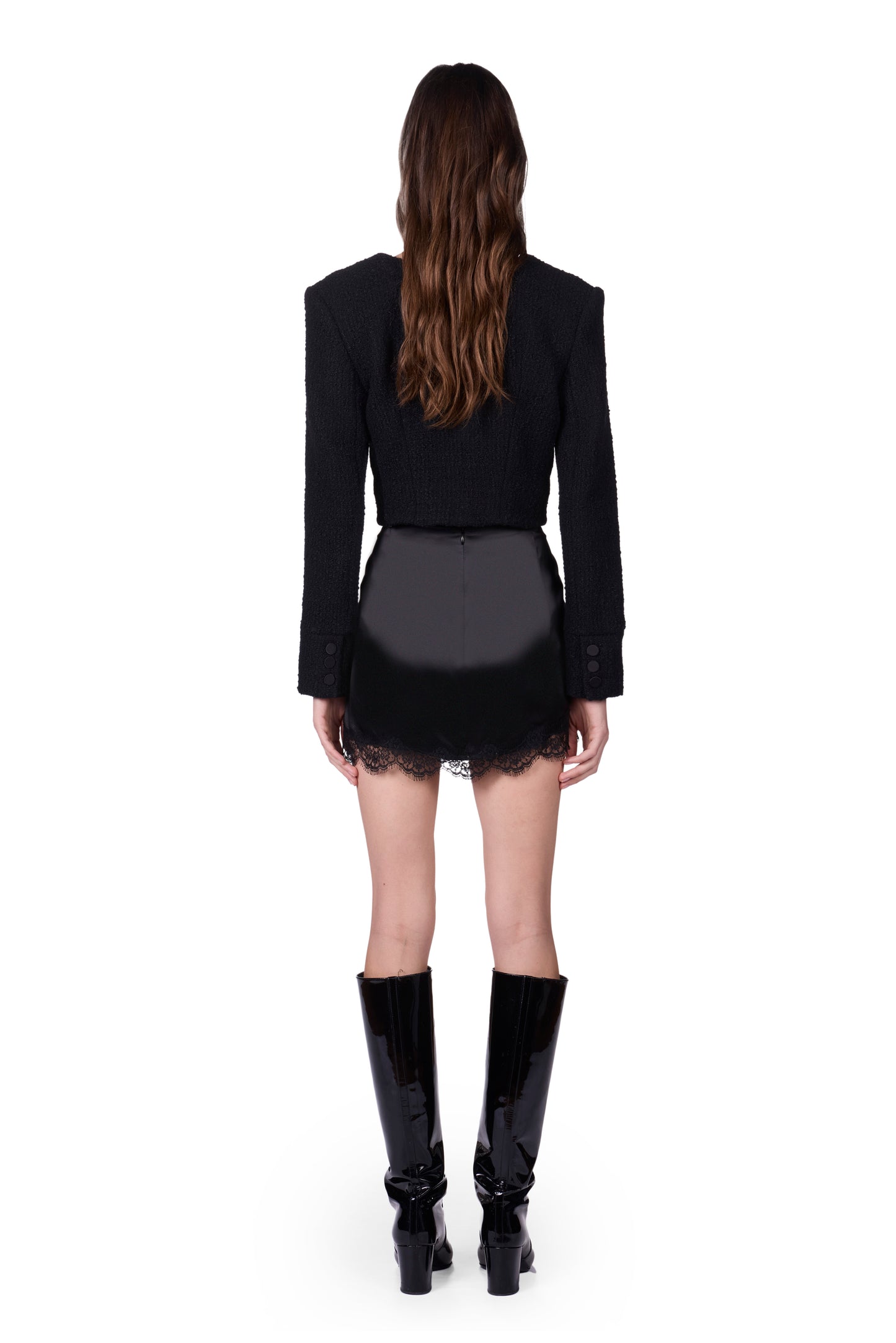 The Mini Lace Skirt -  Deep Black Satin