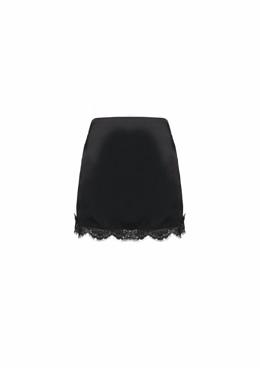 The Mini Lace Skirt -  Deep Black Satin