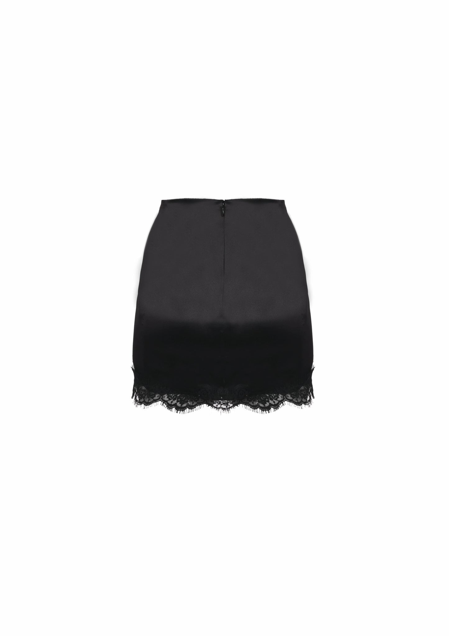 The Mini Lace Skirt -  Deep Black Satin